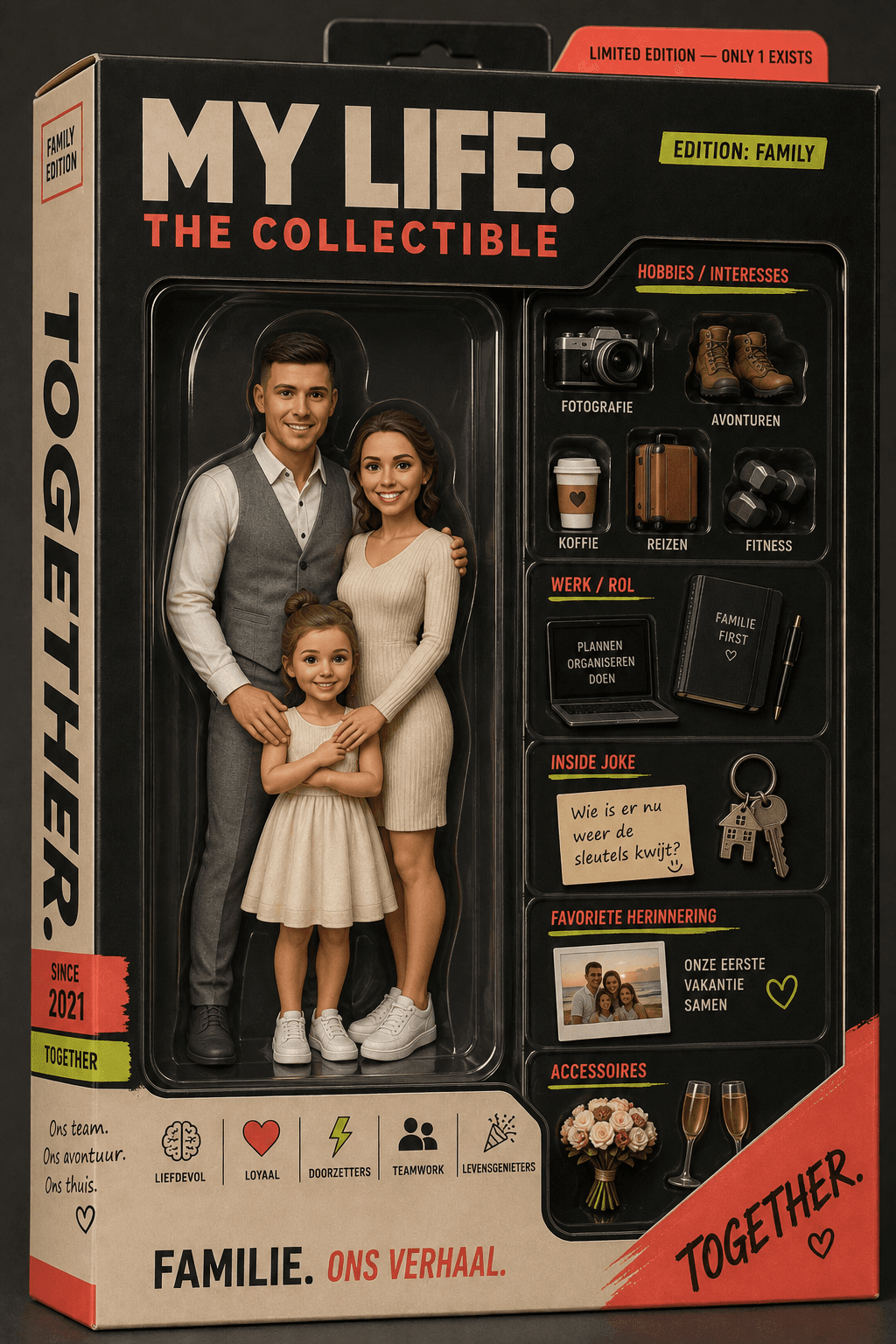 Echt Family collectible voorbeeld met een persoonlijk familieverhaal